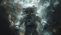 an astronaut is standing alone in space, in the style of portraitures with hidden meanings, liquid metal. Generative AI