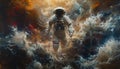 an astronaut is standing alone in space, in the style of portraitures with hidden meanings, liquid metal. Generative AI