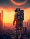 Astronaut standing in an apocalyptic city on sunset background. Generative AI