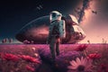 Astronaut standing on the field of flowers on another planet