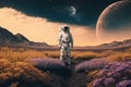 Astronaut standing on the field of flowers on another planet