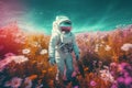 Astronaut standing field flowers. Generate Ai