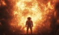 Astronaut standing in front of a massive fiery sun in deep space Royalty Free Stock Photo