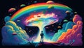 astronaut standing on a giant rainbow mushroom digital art illustration, Generative AI