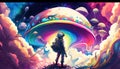 astronaut standing on a giant rainbow mushroom digital art illustration, Generative AI