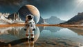 Astronaut Standing Inside a Lake on an Exoplanet - Generative Ai Royalty Free Stock Photo