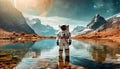 Astronaut Standing Inside a Lake on an Exoplanet - Generative Ai Royalty Free Stock Photo