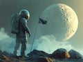 lone astronaut exploring a lunar surface under the stars