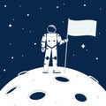 Astronaut standing on moon and holding flag. Space mission, retro cosmonaut background. Flat planet, universe adventure