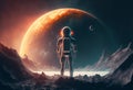 An Astronaut standing on the moon looking at a large earth like planet. Generative ai