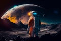 Astronaut standing on the moon and observing the earth. Graphic illustration of a space worker wearing a space suit.