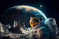 Astronaut standing on the moon and observing the earth. Graphic illustration of a space worker wearing a space suit.