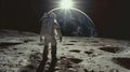 Astronaut Standing On The Moon Surface, Earth Rising In Background. Human Space Flight. AI Generated