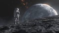 Astronaut Standing On The Moon Surface, Earth Rising In Background. Human Space Flight. AI Generated