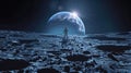 Astronaut Standing On The Moon Surface, Earth Rising In Background. Human Space Flight. AI Generated