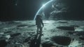 Astronaut Standing On The Moon Surface, Earth Rising In Background. Human Space Flight. AI Generated