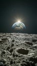 Astronaut Standing On The Moon Surface, Earth Rising In Background. Human Space Flight. AI Generated