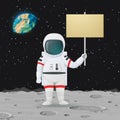 Astronaut standing on the moon surface holding a sign. Outer space, Earth and stars in the background Royalty Free Stock Photo