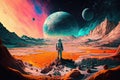 Astronaut Standing on a Mysterious, Colorful Planet - Generative AI