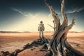 Astronaut standing near a big tree on planet Mars. Digital illustration created using Generative AI