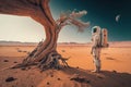 Astronaut standing near a big tree on planet Mars. Digital illustration created using Generative AI