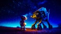 Astronaut standing next to small robot in field with stars in the sky. Generative AI
