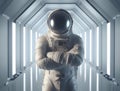 Astronaut stands arms folded in space suit on spaceship