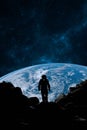 Astronaut stands on a foreign planets surface, looking towards Earth against a backdrop of stars. 3d render Royalty Free Stock Photo
