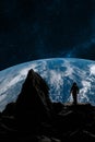 Astronaut stands on a foreign planets surface, looking towards Earth against a backdrop of stars. 3d render Royalty Free Stock Photo