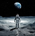 Astronaut stands on the lunar surface, gazing at the distant Earth suspended in a star-studded sky. Generative AI