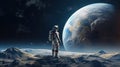 Astronaut stands on the Moon surface looking to the Earth on the background, Exploring space and other planets Royalty Free Stock Photo