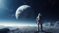 Astronaut stands on the Moon surface looking to the Earth on the background, Exploring space and other planets Royalty Free Stock Photo