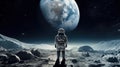 Astronaut stands on the Moon surface looking to the Earth on the background, Exploring space and other planets Royalty Free Stock Photo