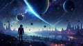 Astronaut stands on rocky planet, looking at skyline of alien city under cosmic sky with planets and stars Royalty Free Stock Photo