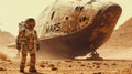 Astronaut stands by spaceship on Mars, scene on deserted planet during space mission. Spaceman walks near spacecraft. Concept of Royalty Free Stock Photo
