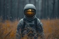 An astronaut stands in a spacesuit in the forest on the planet