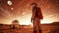 Astronaut stands on surface of Mars planet against moons and stars vast cosmos sky