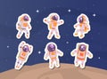 Astronaut Stickers Set, Cute Cosmonaut in Outer Space Patches Cartoon Vector Illustration Royalty Free Stock Photo