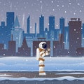 Astronaut on street in big City in the snow