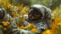 an astronaut in a suit laying in the middle of some plants, in the style of ray tracing, darkly romantic realism