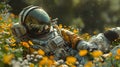 an astronaut in a suit laying in the middle of some plants, in the style of ray tracing, darkly romantic realism