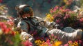 an astronaut in a suit laying in the middle of some plants, in the style of ray tracing, darkly romantic realism