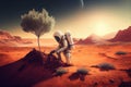 Astronaut in suit planting tree on planet Mars. generative AI