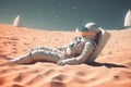 Astronaut sunbathing beach. Generate Ai