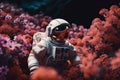 astronaut, surrounded by blooming flowers, on alien planet