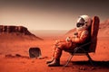 An astronaut, surrounded by the desolate Martian landscape, sits contemplatively in a chair Royalty Free Stock Photo