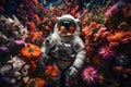 astronaut, surrounded by lush and vibrant blooms, floats in space