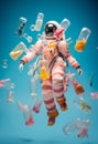 Astronaut surrounded by plastic jars against the pastel blue background.