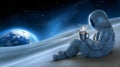 Astronaut taking a break with coffee on the moon under a starlit sky Royalty Free Stock Photo