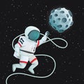 Astronaut with tether flying with one hand outstretched reaching for the Moon